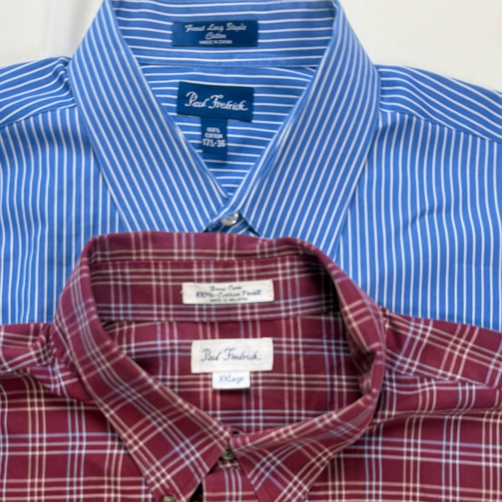 Paul Fredrick Mens Button Down Shirt Bundle Blue Stripe Burgundy Plaid 17.5 18 L